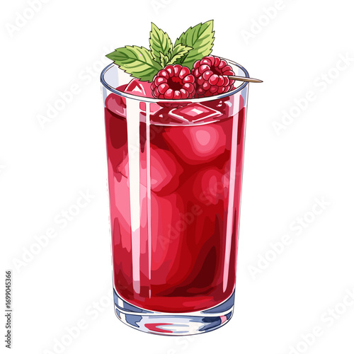 Refreshing red berry drink with ice cubes, garnished with fresh raspberries and mint leaves in a tall glass, isolated on white background.