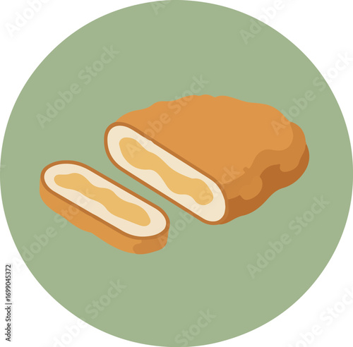 Close-up illustration of a freshly baked bread roll with a golden-brown exterior and fluffy beige interior