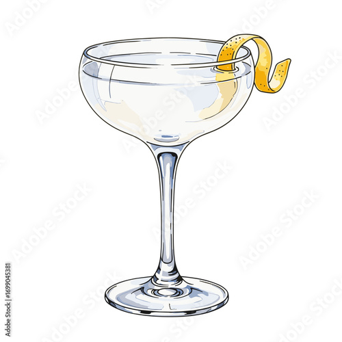 Artistic Illustration of Empty Cocktail Glass with Lemon Twist for Bar and Restaurant Decor
