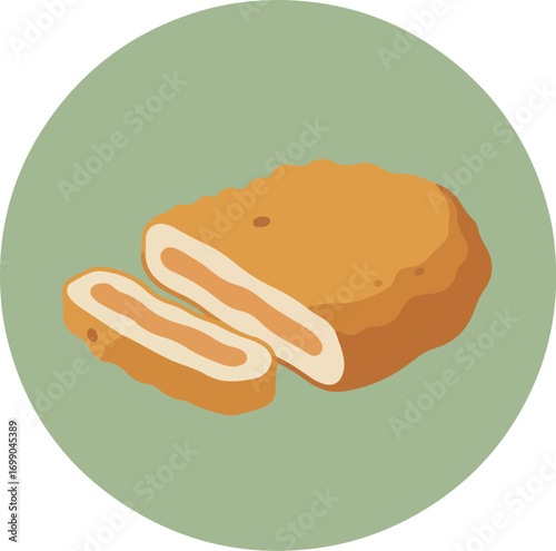 Freshly baked loaf of bread with a golden-brown crust and soft white interior on a light green background