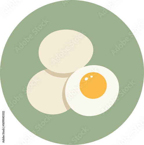 Two eggs arranged in a circular formation on a solid green background, one cracked open revealing a vibrant yellow yolk