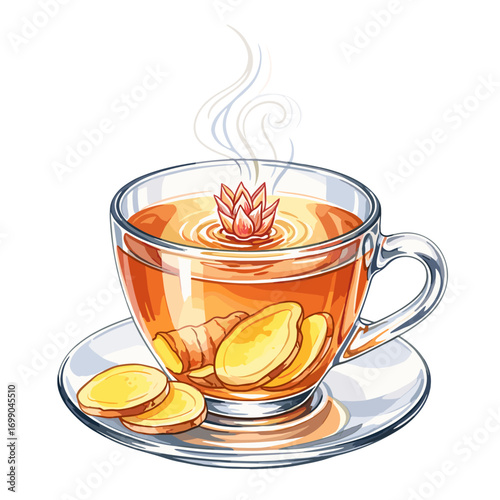 Aromatherapy Herbal Tea in Clear Cup with Sliced Fruits and Steam Rising