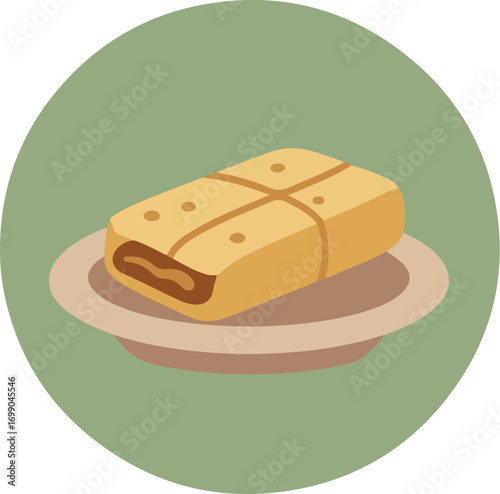 Freshly baked strudel pastry with chocolate or fruit preserve filling on a white plate with a ribbon