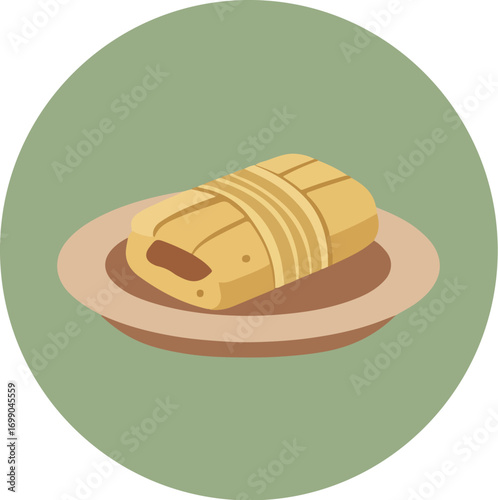 Close-up of golden-brown flaky pastry with dark filling on light pink plate