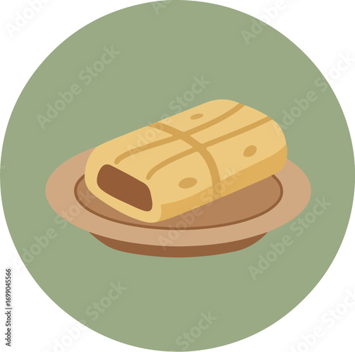 Illustration of a golden-brown burrito on a two-tone brown plate with a muted green background