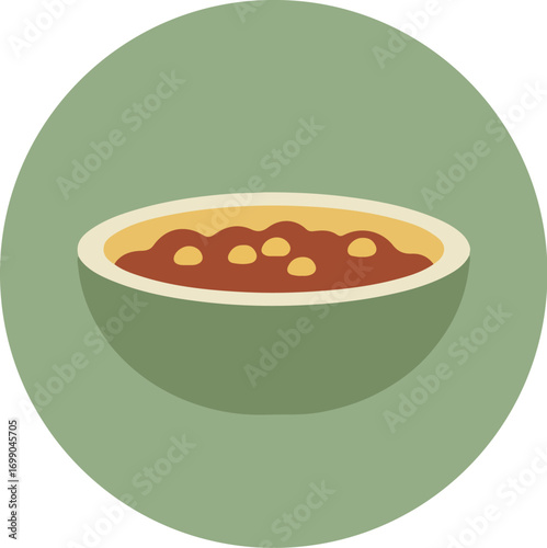 Bowl of creamy yellow food with dark red sauce and light-colored toppings in a muted green bowl on a matching background