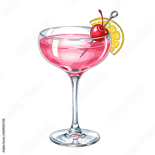 Colorful Pink Cocktail in Elegant Glass with Cherry and Lemon Slice Garnish for Parties and Celebrations