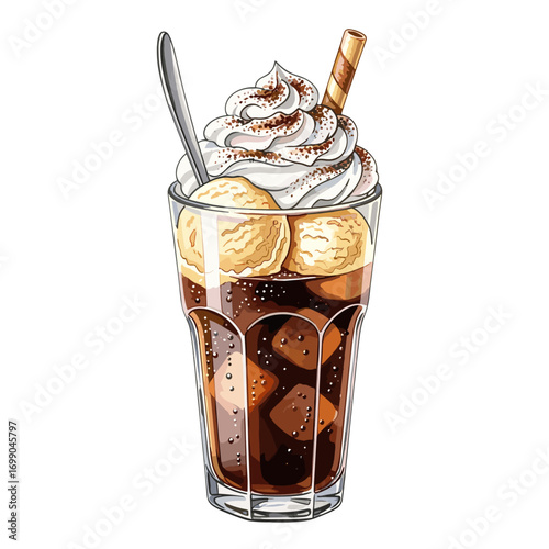 Delicious Soda Float Dessert with Vanilla Ice Cream and Whipped Cream Topped Treat