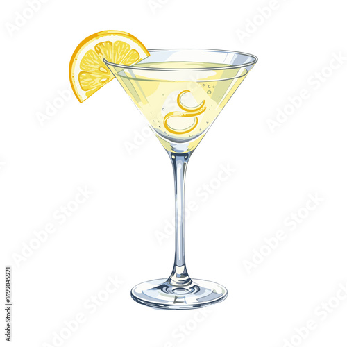 Refreshing Lemon Cocktail in Martini Glass with Citrus Garnish, Elegant Alcoholic Beverage Illustration