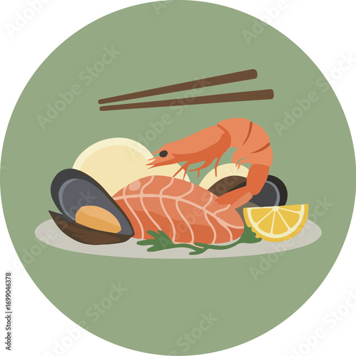 Meticulously arranged seafood platter with shrimp, mussels, and salmon on a white plate