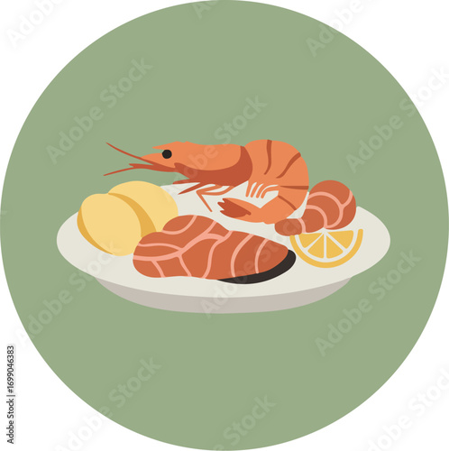 Close-up of a cooked shrimp with boiled potatoes and lemon slice on a white plate