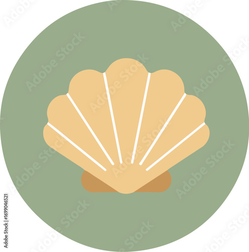 Close-up of a single beige seashell with white ridges on a muted green background