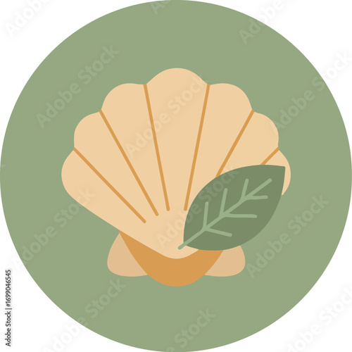 Minimalist still life with peach seashell and green leaf on light green background