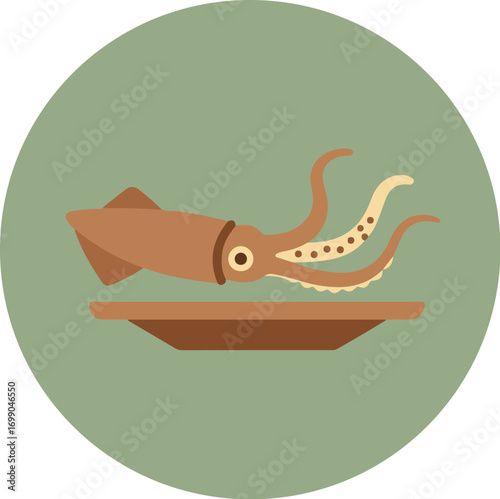 Stylized flat design illustration of a squid on a plate with earthy tones and a muted green background