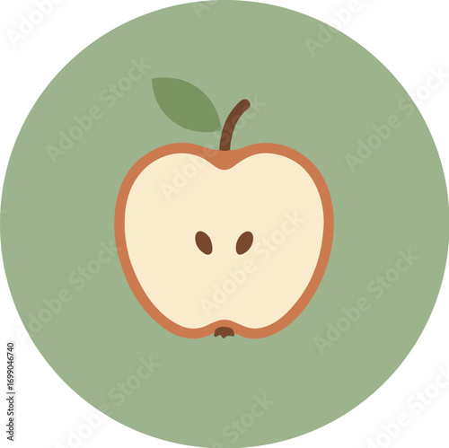 Minimalist illustration of a halved apple with a green leaf on a solid green background