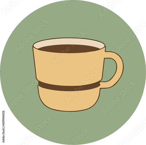 Beige coffee mug with brown handle and band on muted green background