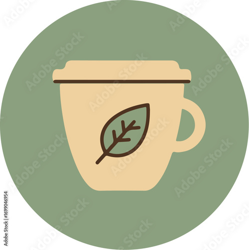 Light beige disposable coffee cup with green leaf emblem on muted green background