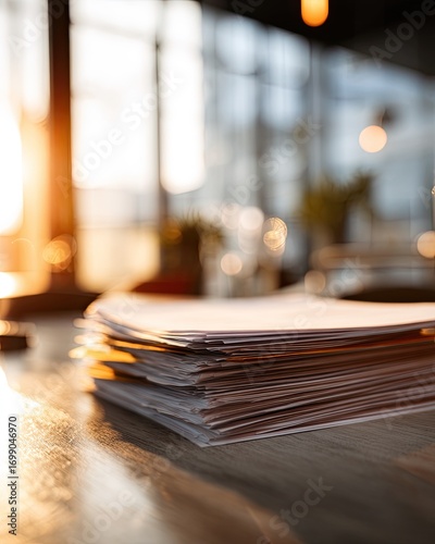 Stack of papers on a table, sunlit interior