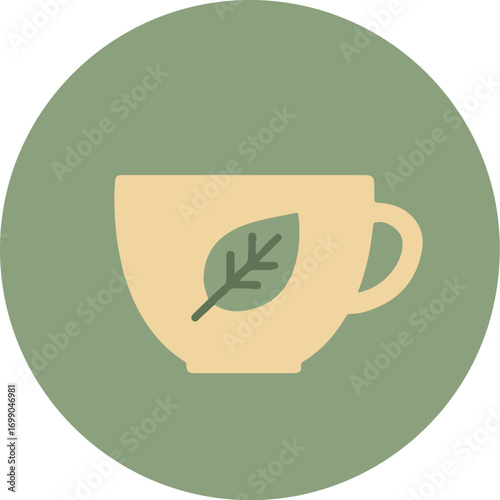 Single light beige teacup with green leaf motif in circular frame on light green background