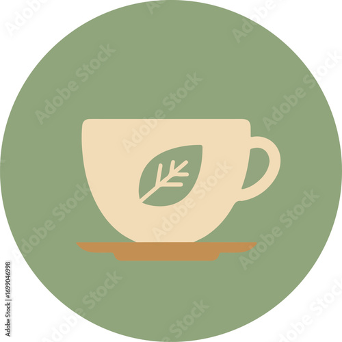 Minimalist still-life composition of a light beige coffee cup with a green leaf design on a brown saucer