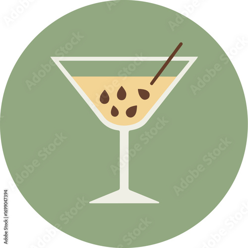 Sleek martini glass with light brown cocktail and coffee bean garnishes on muted green background