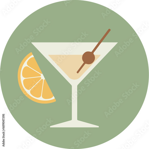 Classic martini in a glass with olive and citrus slice on a table