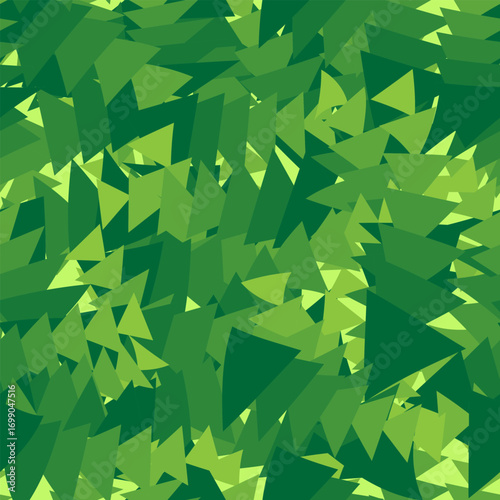 Seamless pattern of green triangles. Abstract geometric background. Vector illustration resembling abstract multi-colored green ornament.