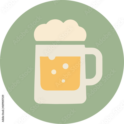 Close-up of golden beer in a white mug with thick creamy foam on a muted green background
