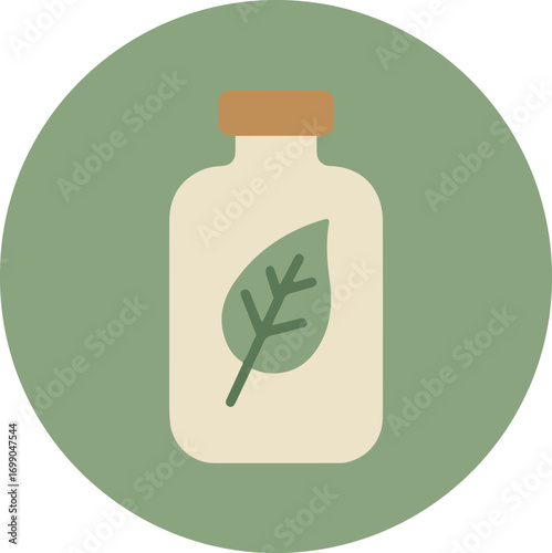 Sleek white bottle with brown cork stopper and green leaf design on solid green background