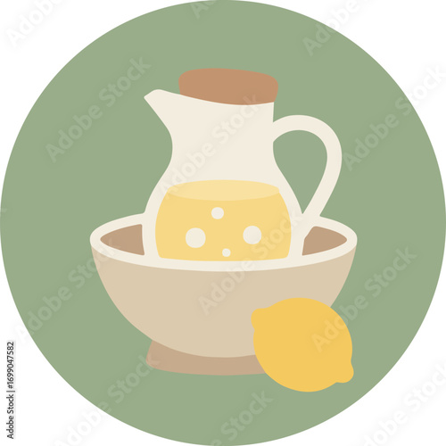 White pitcher with wooden lid pouring yellow lemonade into a bowl with a lemon on a green background