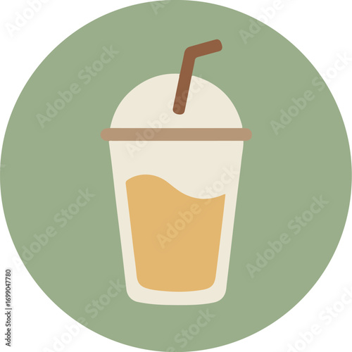 Disposable paper cup with brown lid and straw filled with light orange beverage on light green background