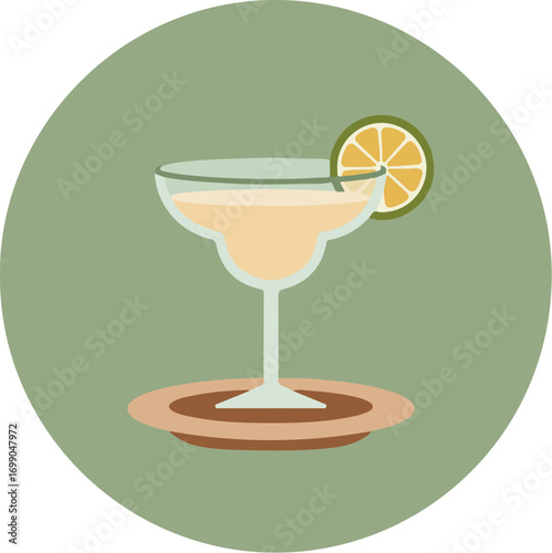 Classic margarita cocktail in a traditional glass with lime slice on a brown coaster