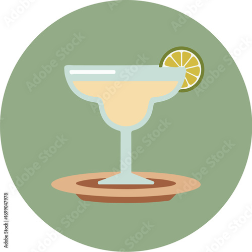 Margarita cocktail in a stemmed glass with lime garnish on a round coaster against a green background