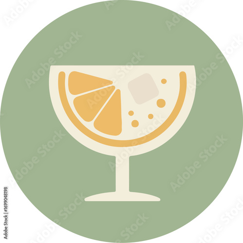 Minimalist cocktail glass with orange slice on light green background