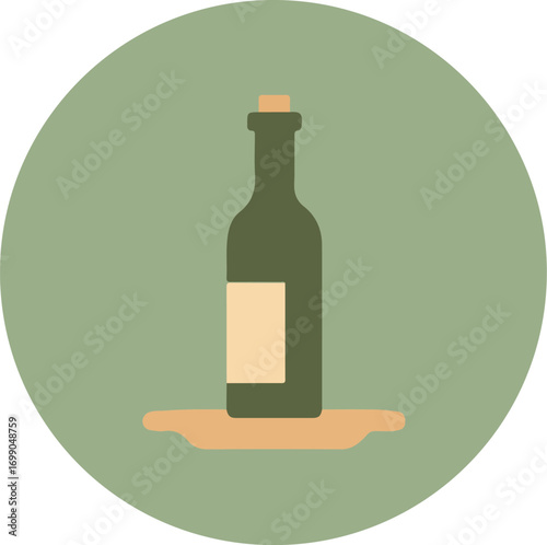 Single unopened wine bottle with dark green glass and beige label on light green background