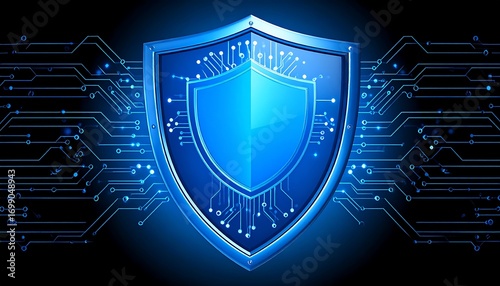 Blue shield graphic with circuit board