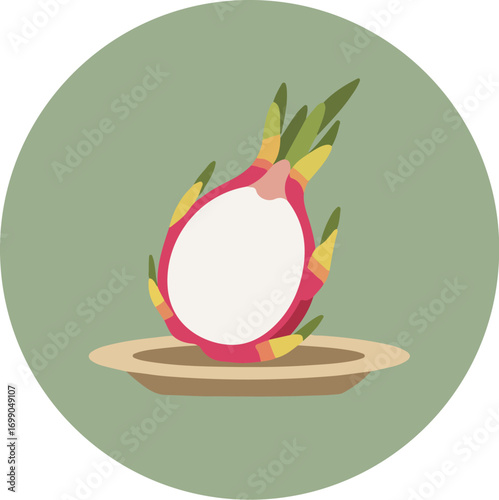 Illustration of a vibrant radish with green leaves on a brown dish against a green background