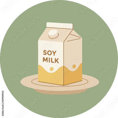 Beige soy milk carton with black text on light green background