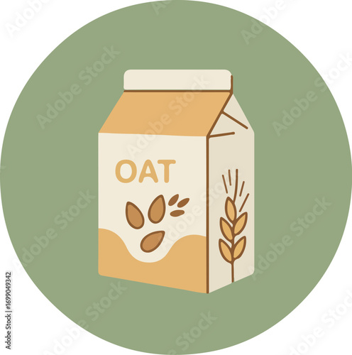 Close-up illustration of a carton of oat milk with a brown label and cap on a green background