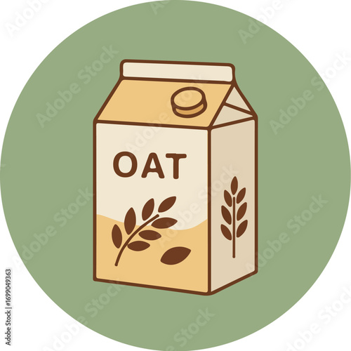 Minimalist illustration of an oat milk carton with oat stalks on a light green background