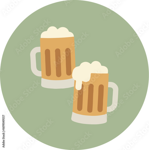 Two frothy beer mugs with white handles and thick foam tops on a light green background