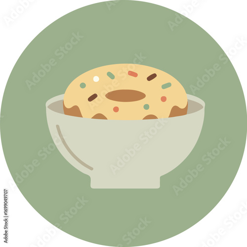 Single doughnut with colorful sprinkles in a white bowl on a green background