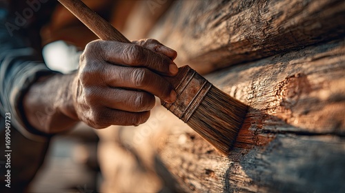 Close-up of hand painting weathered log wall