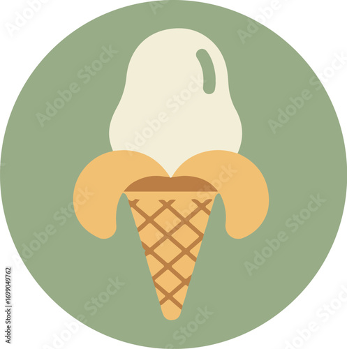 Classic banana split dessert with waffle cone and ice cream on light green background