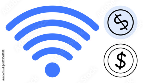 Blue wireless signal radiating outward alongside black and blue dollar signs. Ideal for finance, communication, technology, payment, digital economy, online access, and connectivity concepts. A