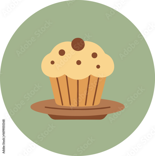 Single chocolate chip muffin on rustic brown plate with light green background
