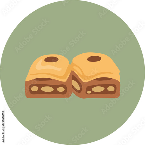 Close-up of golden-brown layered pastry with chocolate and nut filling on green background