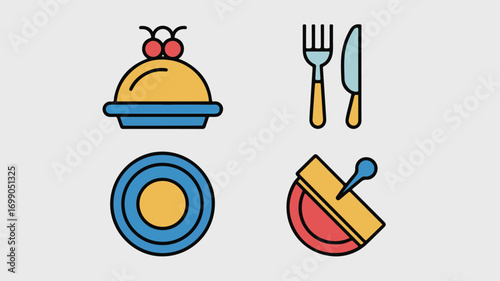 Food Icons Featuring Cake, Cutlery, Plate, and Sandwich Keywords: cake, dessert, cherries, serving dish, cloche, fork, knife, cutlery, plate, dish, sandwich, appetizer, snack