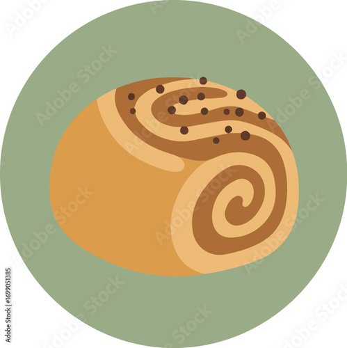 Close-up illustration of a freshly baked cinnamon roll with golden-brown dough and dark cinnamon filling