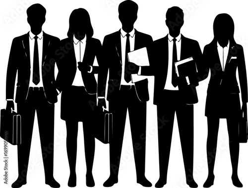 Diverse group of professionals in business attire standing together unified in a monochrome silhouette vector
